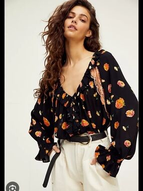 Intimately Free People Sz S Black Floral Cottagecore Romantic Whimsical Bodysuit